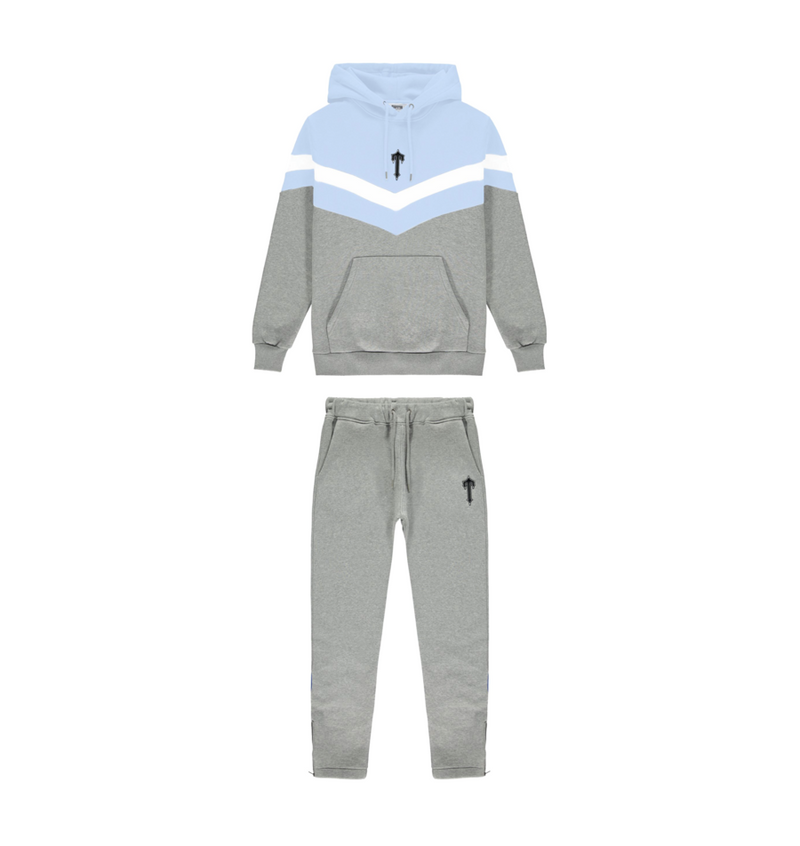 Trapstar V Stripe Hooded Tracksuit - Blue/White/Marl Grey